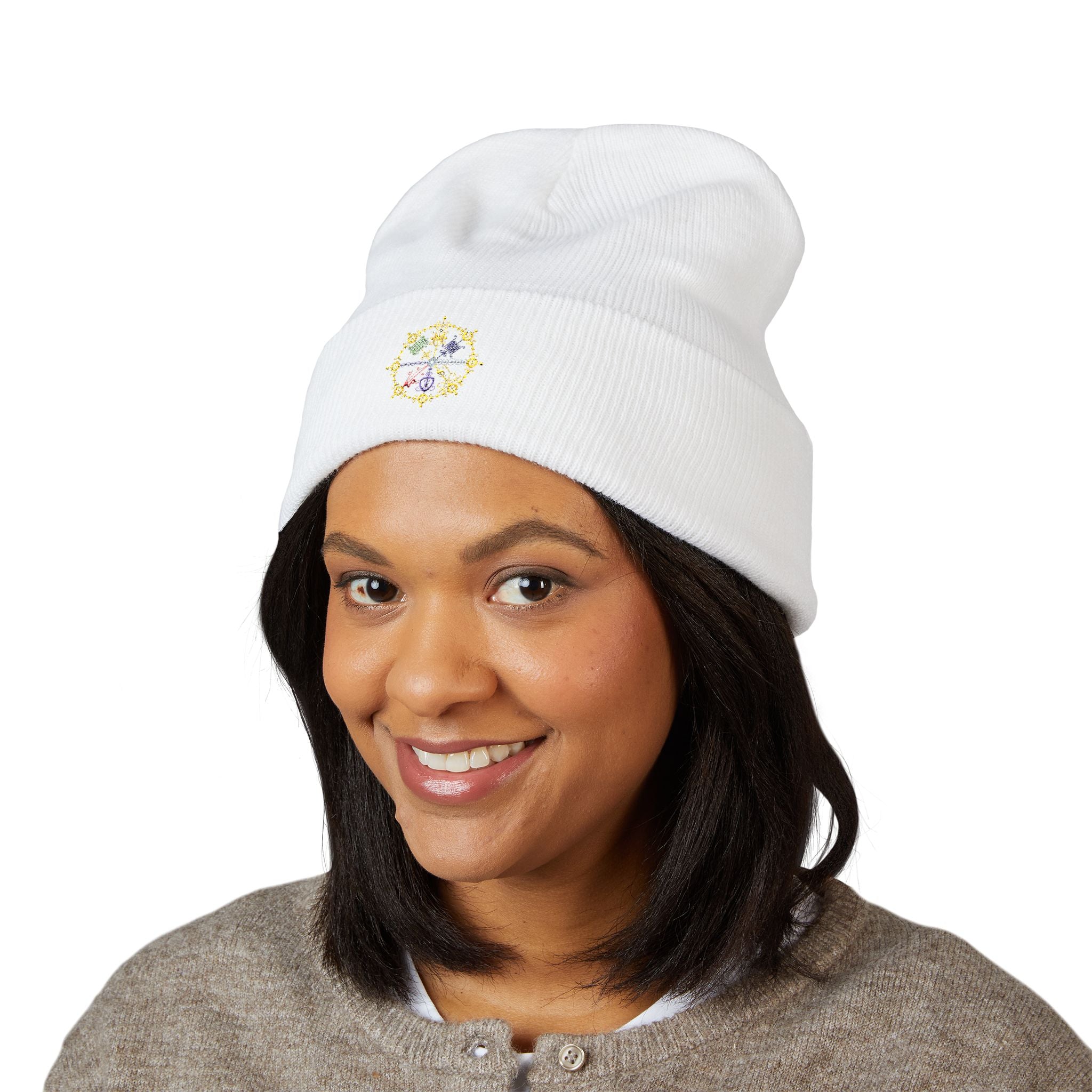 Embroidered Floral Compass Cuffed Beanie — Lightweight Spring Beanie Hat