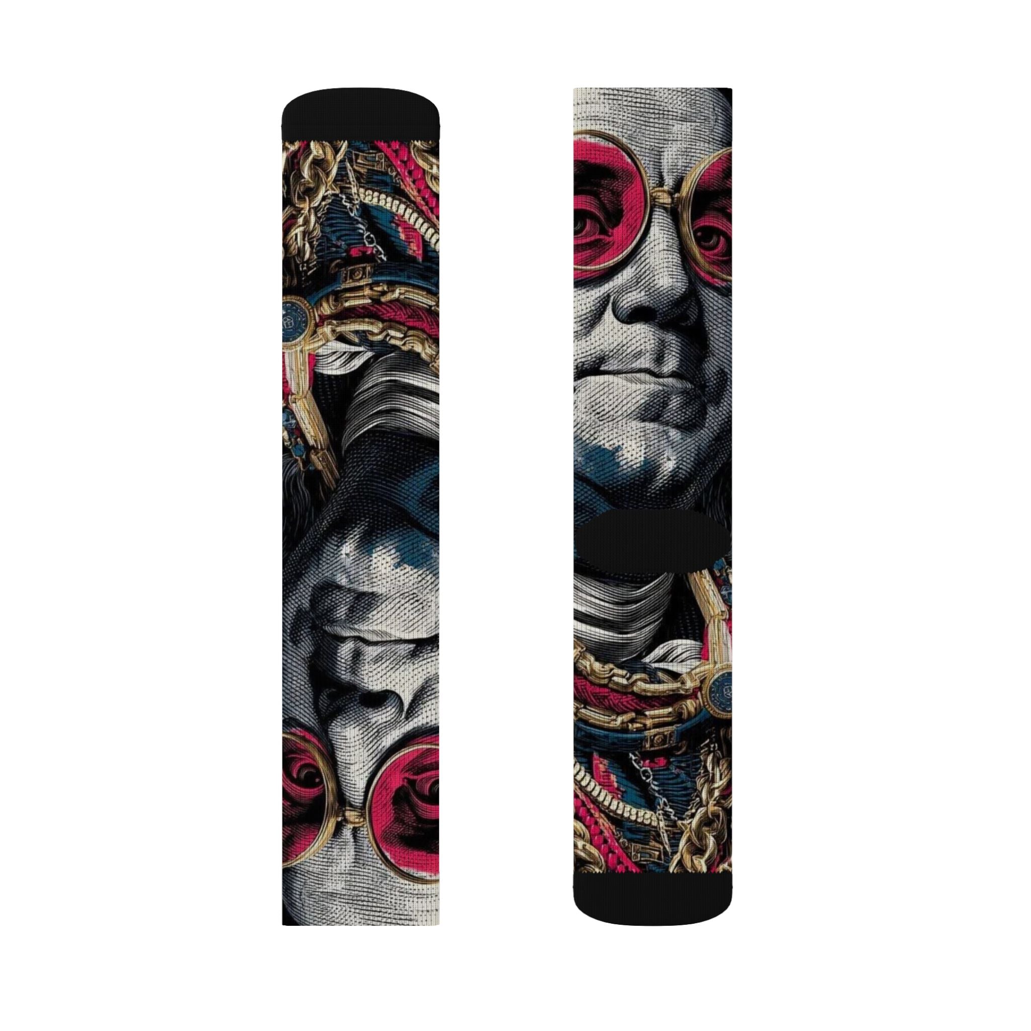 Benjamin Franklin Portrait Sublimation Socks — Retro Shades & Nautical Chain Crew Socks