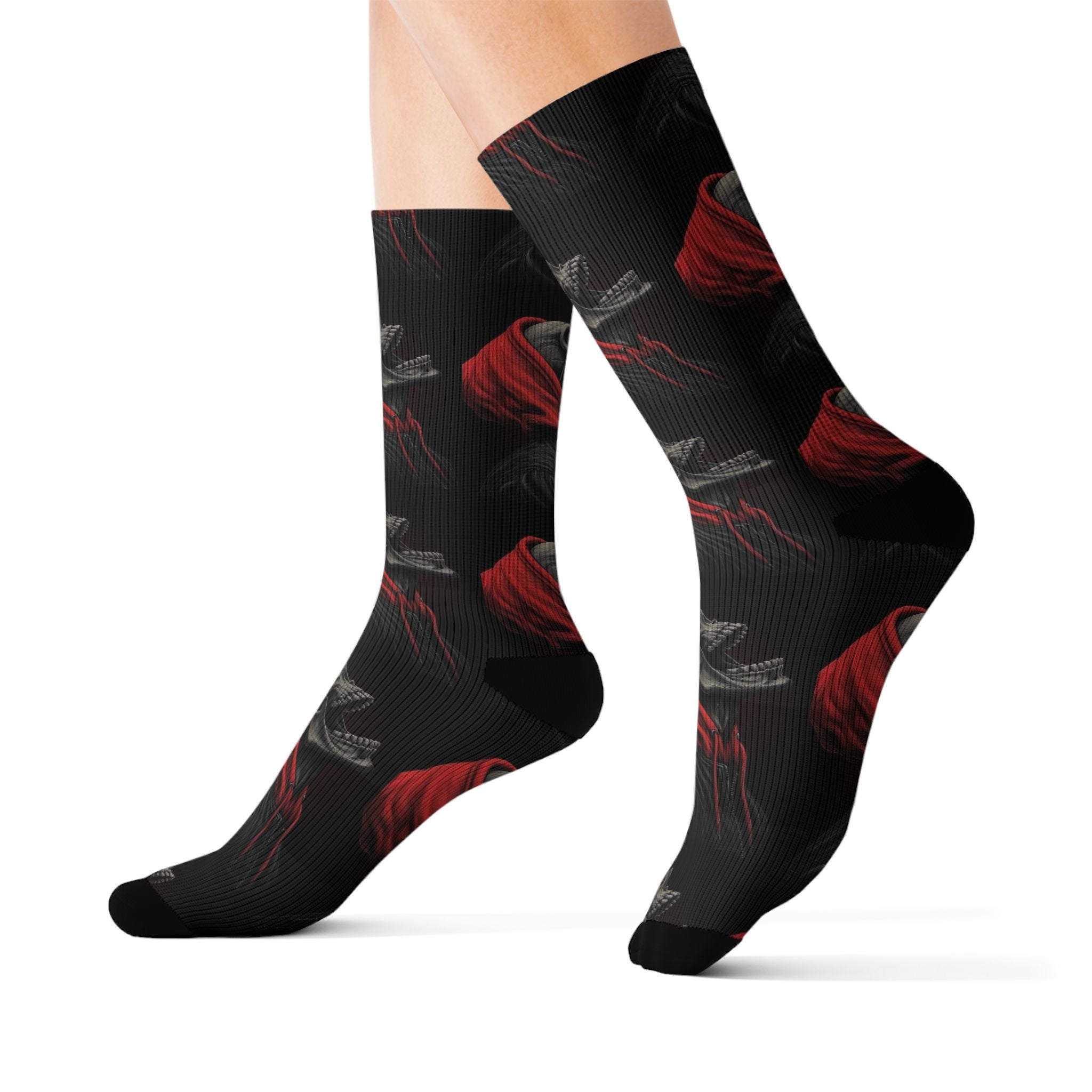 Red Cape Skull Socks — Gothic Sublimation Crew Socks