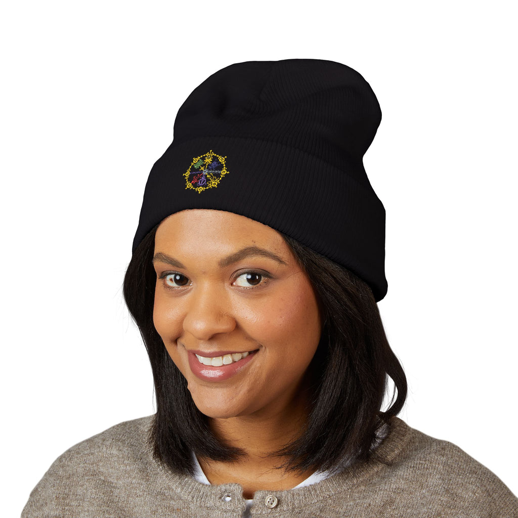 Embroidered Floral Compass Cuffed Beanie — Lightweight Spring Beanie Hat