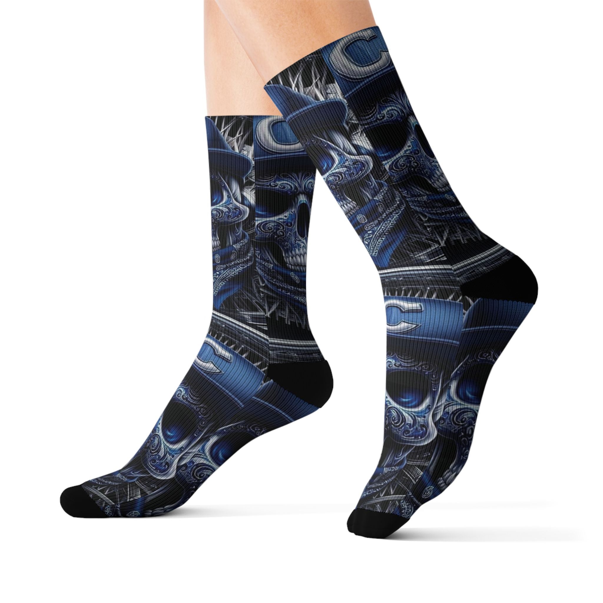 Skull Moto Sublimation Socks — Blue Biker Skull Crew Socks