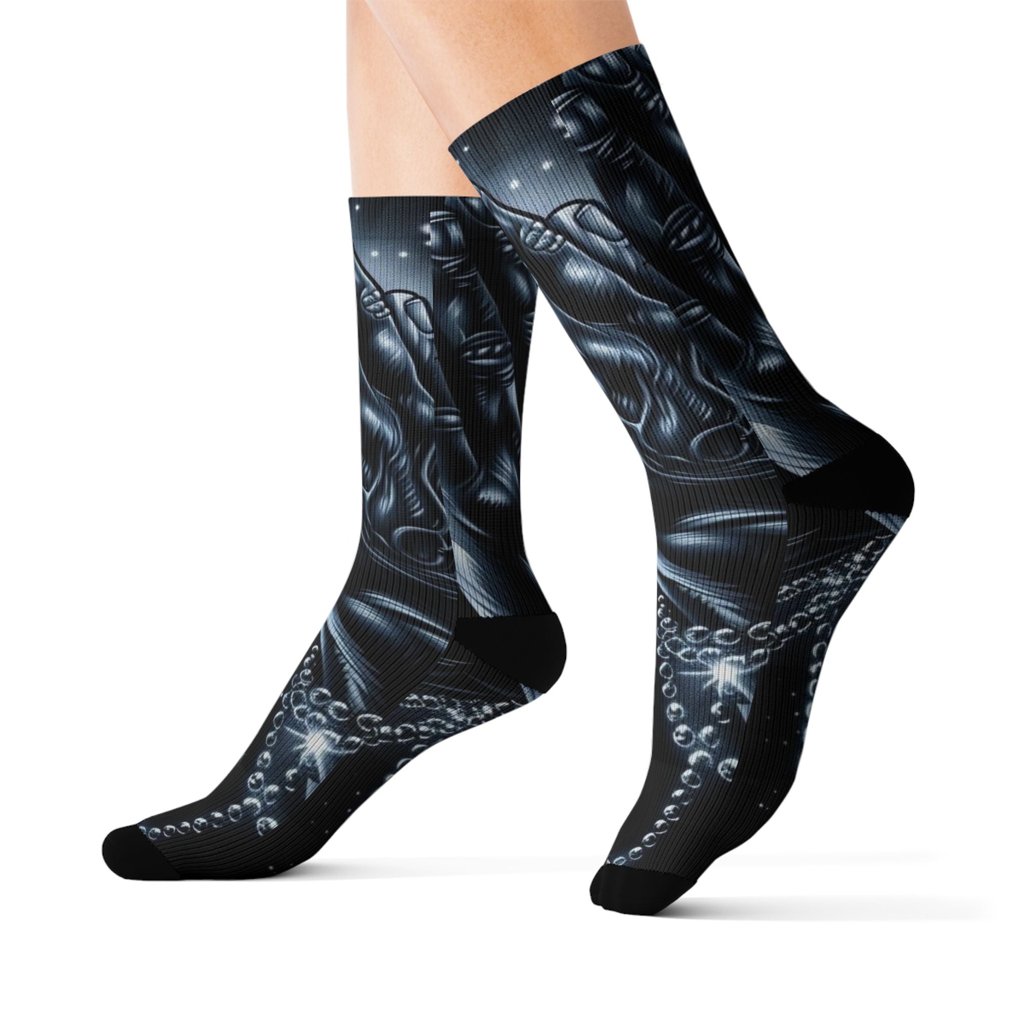 Gothic Black Skull & Chains Sublimation Socks — Dark Biker Crew Socks