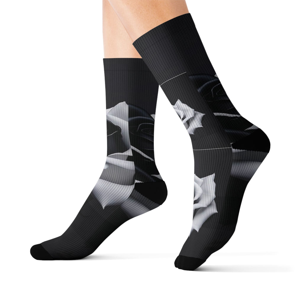 Black Rose Sublimation Socks - Gothic Floral Crew Socks