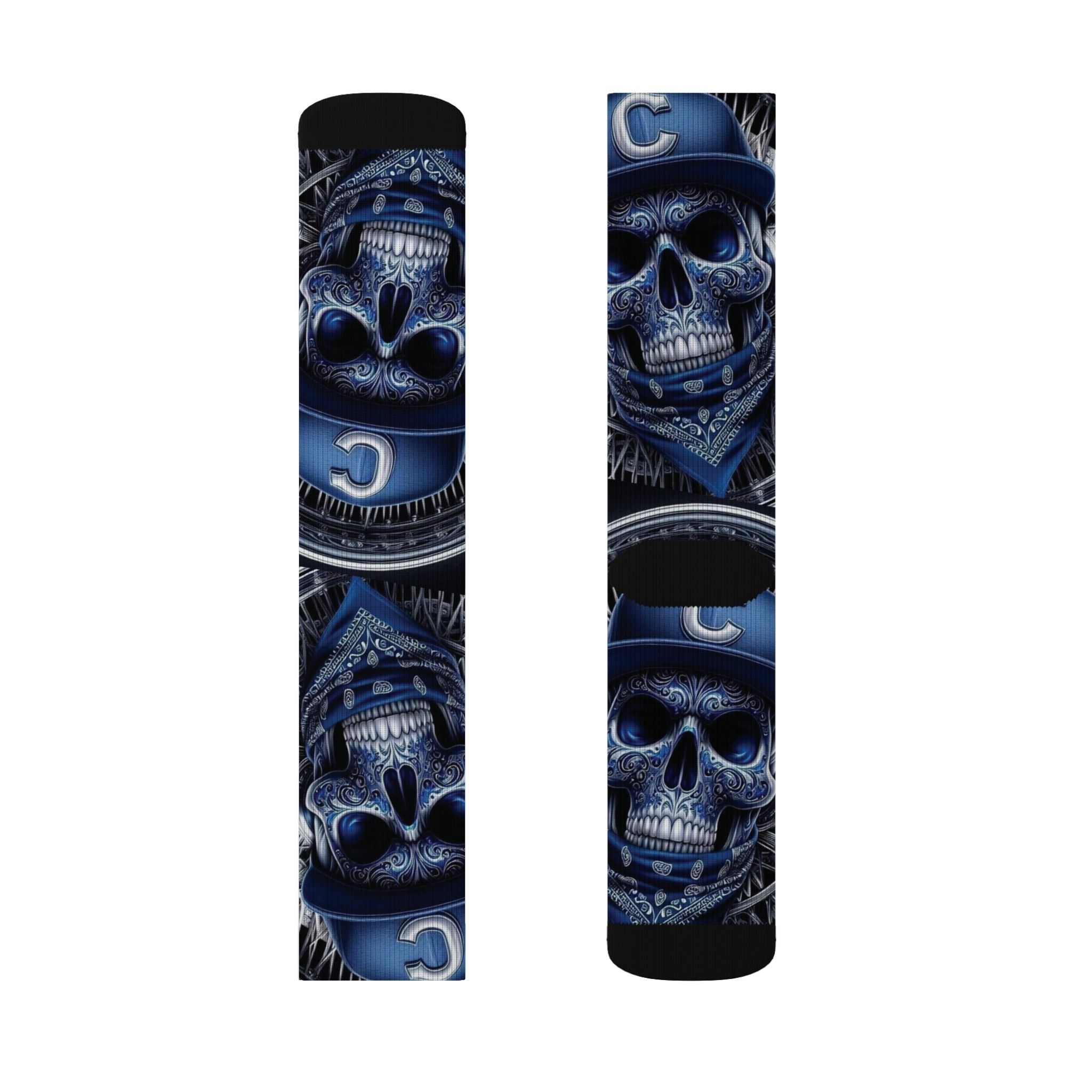 Skull Moto Sublimation Socks — Blue Biker Skull Crew Socks