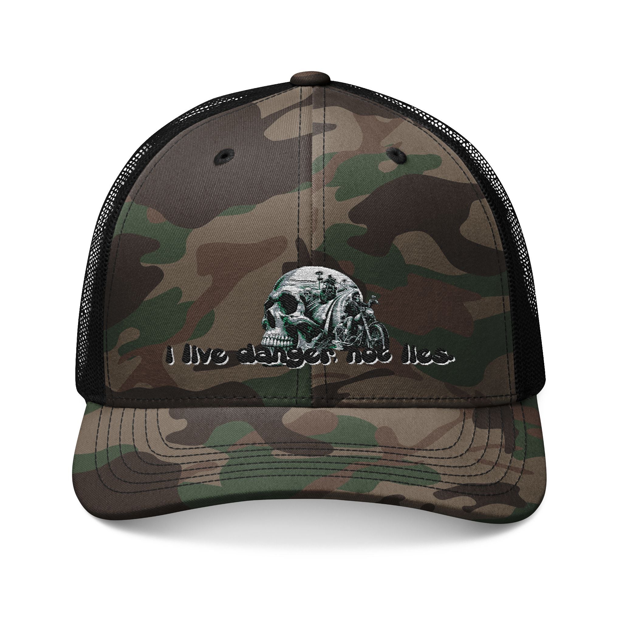 Embroidered Camo Trucker Hat with Skull Patch — 'I Live Under The Sea'